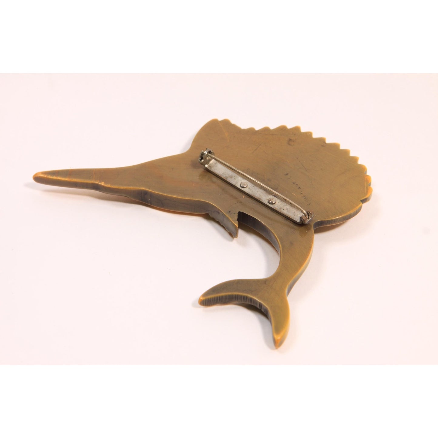 1940s 1950s Novelty Yellow Carved Bakelite Marlin Sailfish Swordfish Brooch