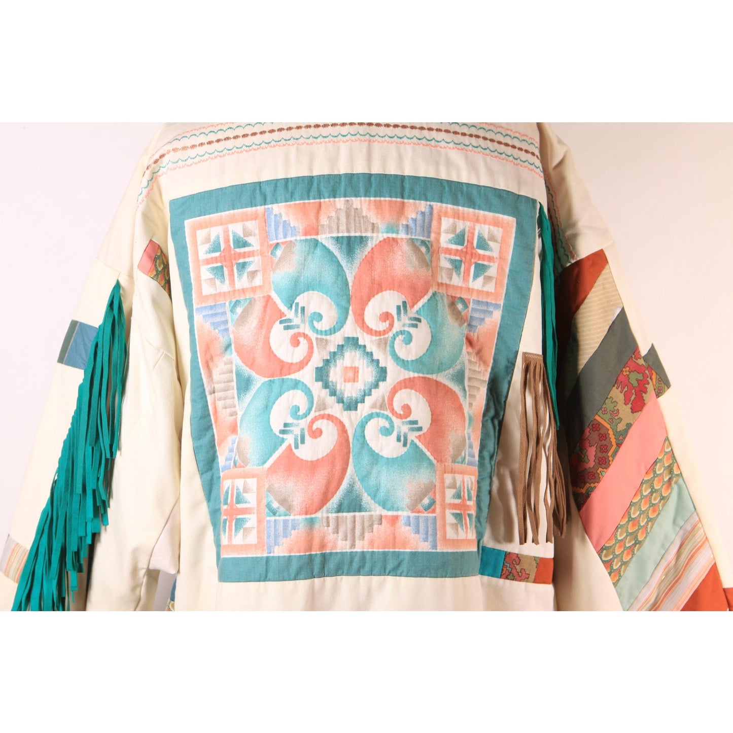 1980s Multi-Colored Cream, Teal Blue Green, Pink and Tan Patchwork Quilt Fringe Open Front Southwestern Coat -L-XL