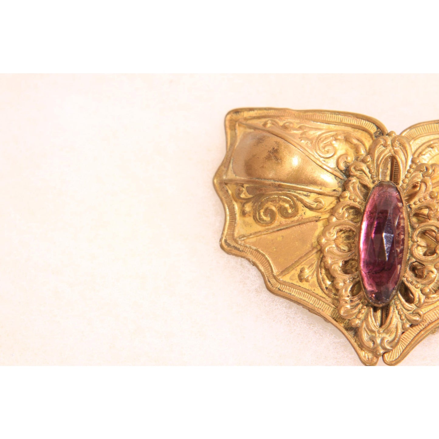 1930s Art Nouveau Gold Tone Metal Purple Stone Gothic Bat Wing Belt Buckle