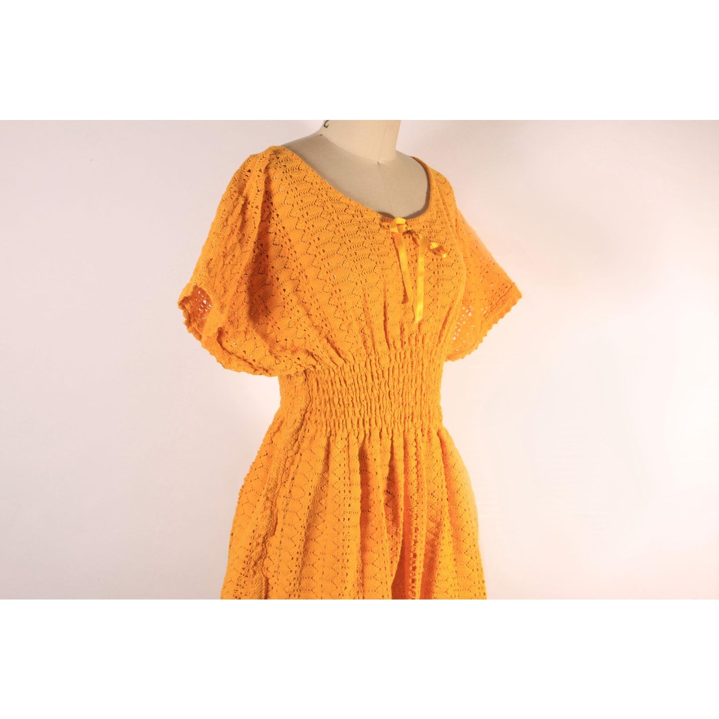 1970s Golden Harvest Yellow Smocked Short Sleeve Knit Blouse -L