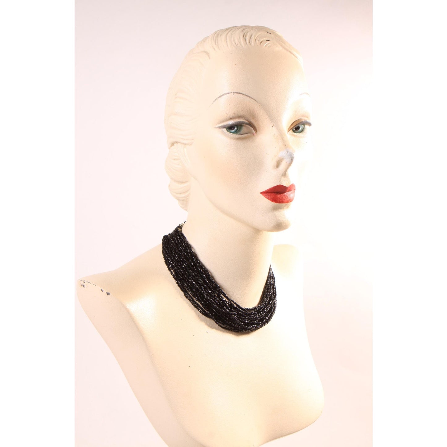1950s 1960s Black Multi-Strand Beaded Draped Necklace by Laguna