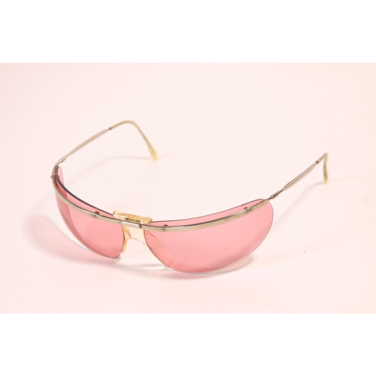 1960s Clear Pink and Silver Tone Metal Curved Frame Floating Lens Elvis Wrap Around Sunglasses by Renauld of France with Original Case