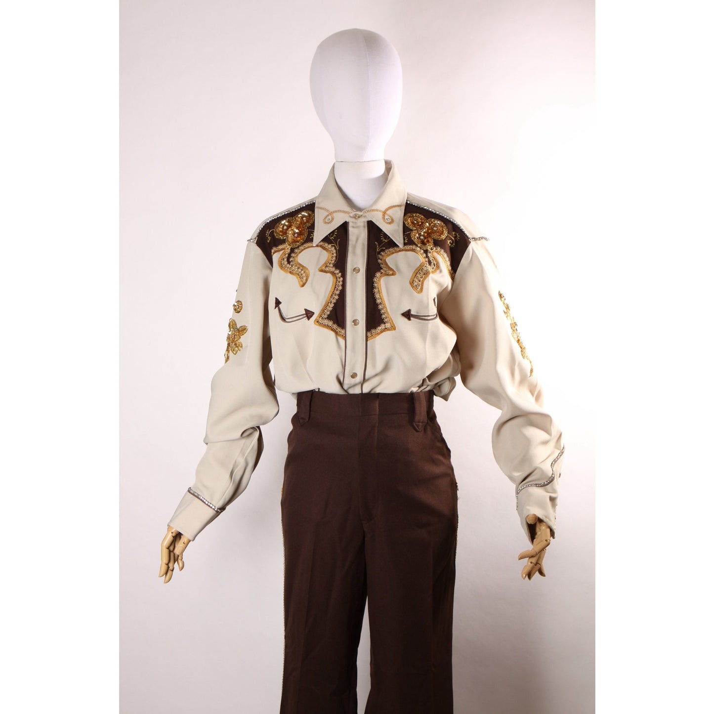 Late 1960s Early 1970s Brown and Tan Gold Metallic Rhinestone and Sequin Roses Western Pearl Snap Top with Matching Pants by H Bar C