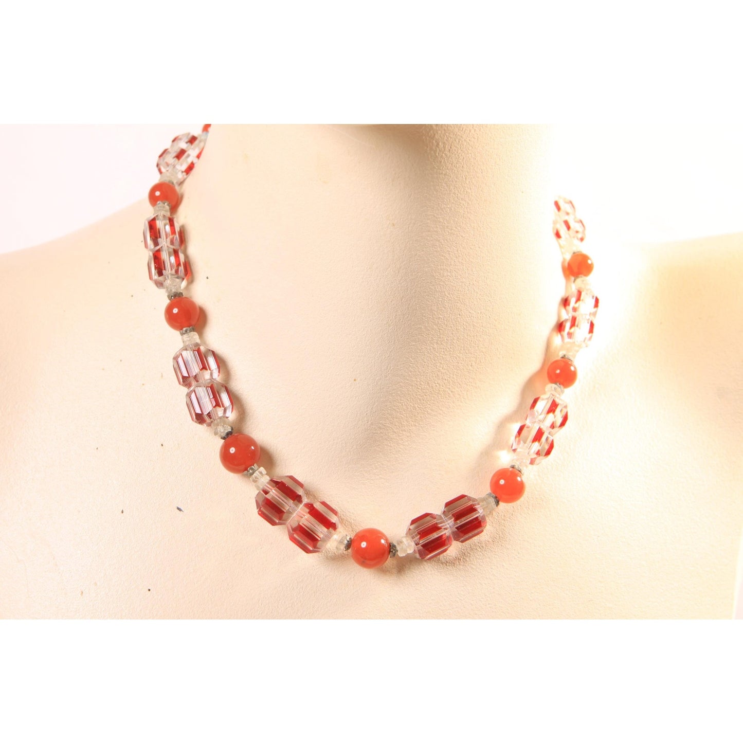 Vintage Clear, Orange and Red Faceted Glass Beaded Necklace