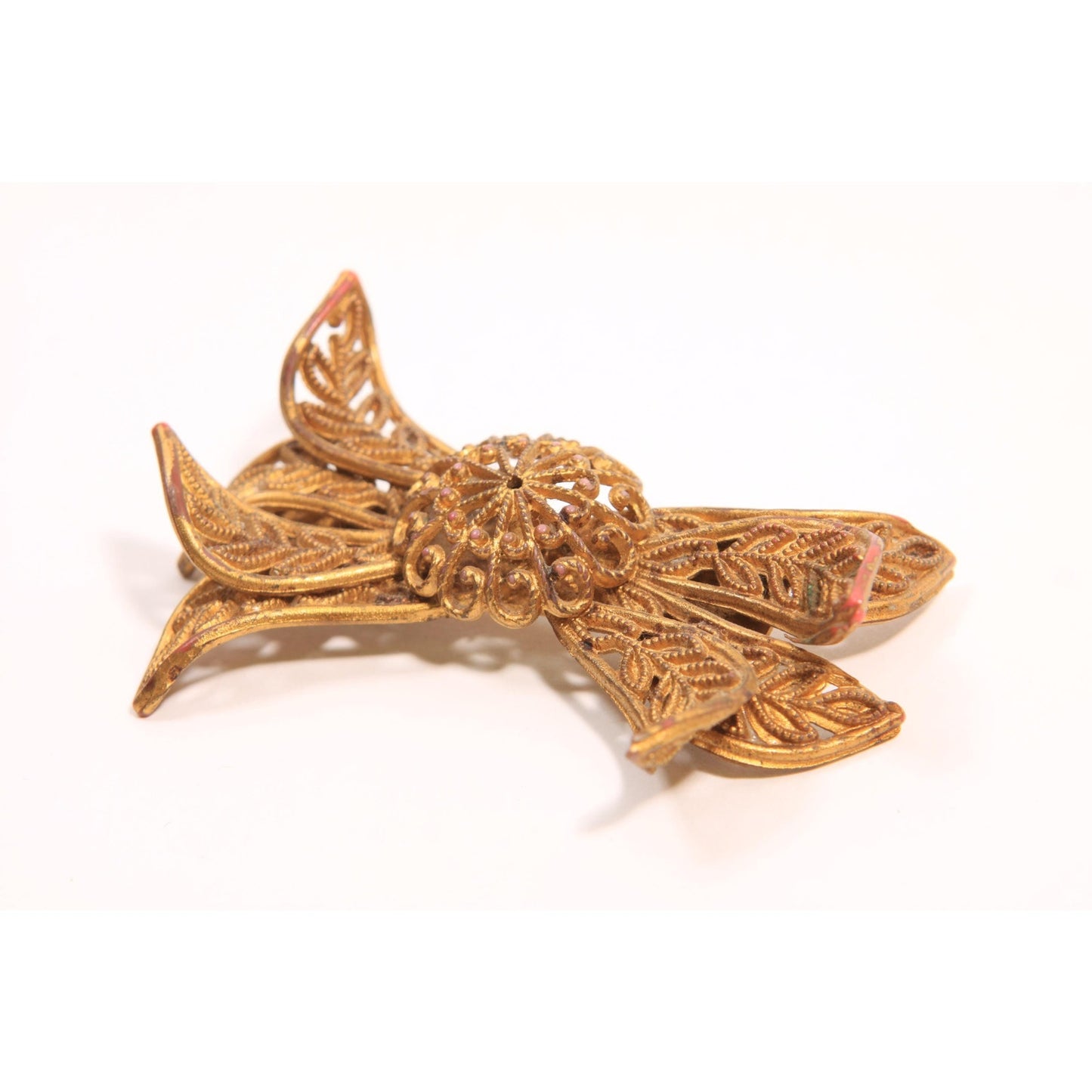 1940s Novelty Gold Tone Plastic Celluloid Bow Brooch