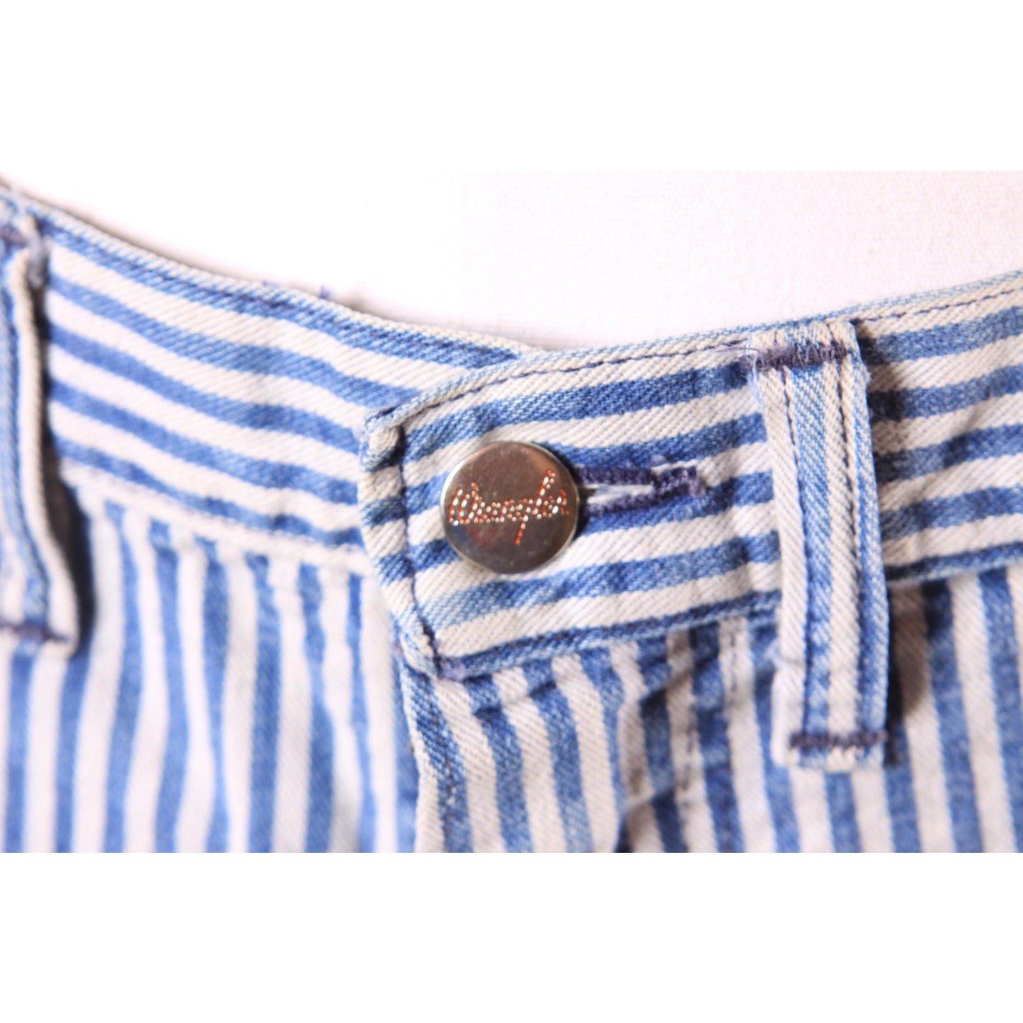 1970s Blue and White Striped Novelty Help and Love Patchwork Patch Railroad Jeans by Wrangler -31x34