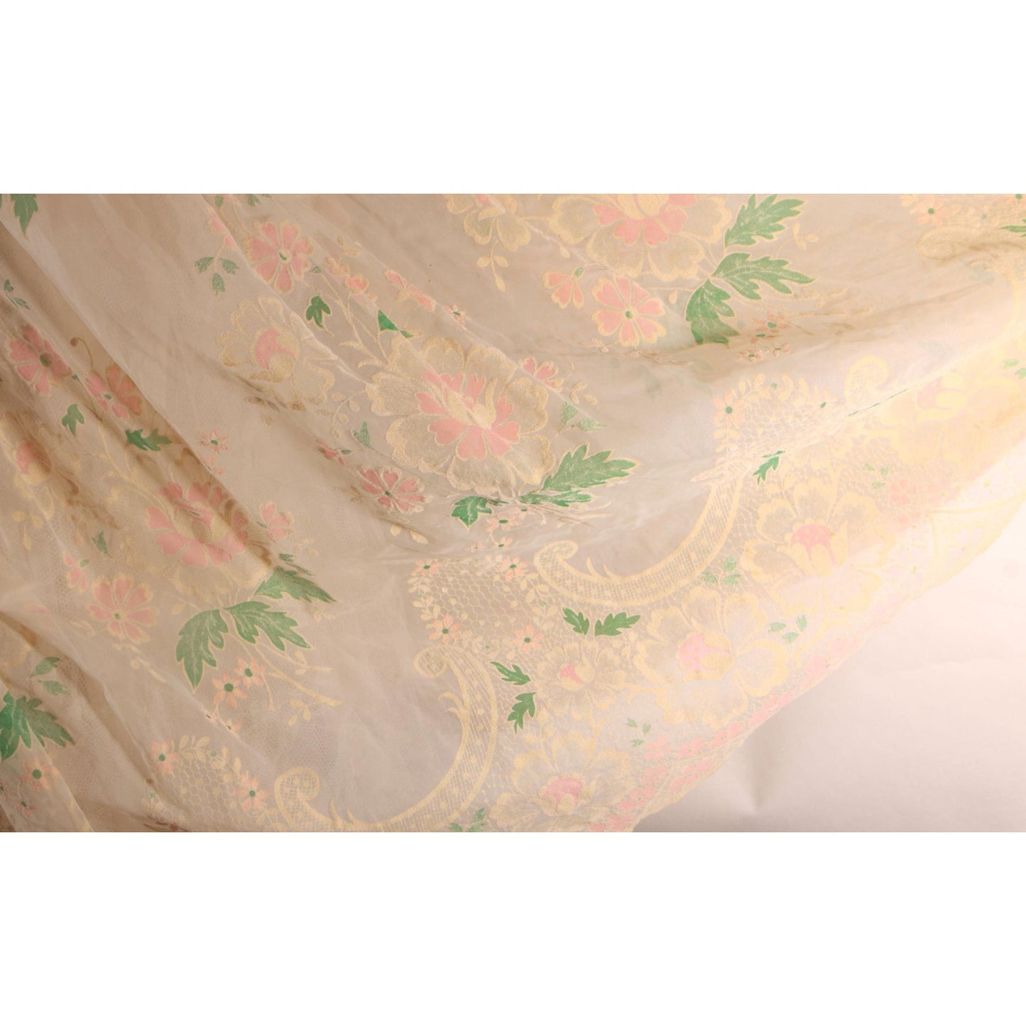 1950s Cream, Pink and Green Velvet Flocked Floral Pink Bow Detail Sleeveless Dress