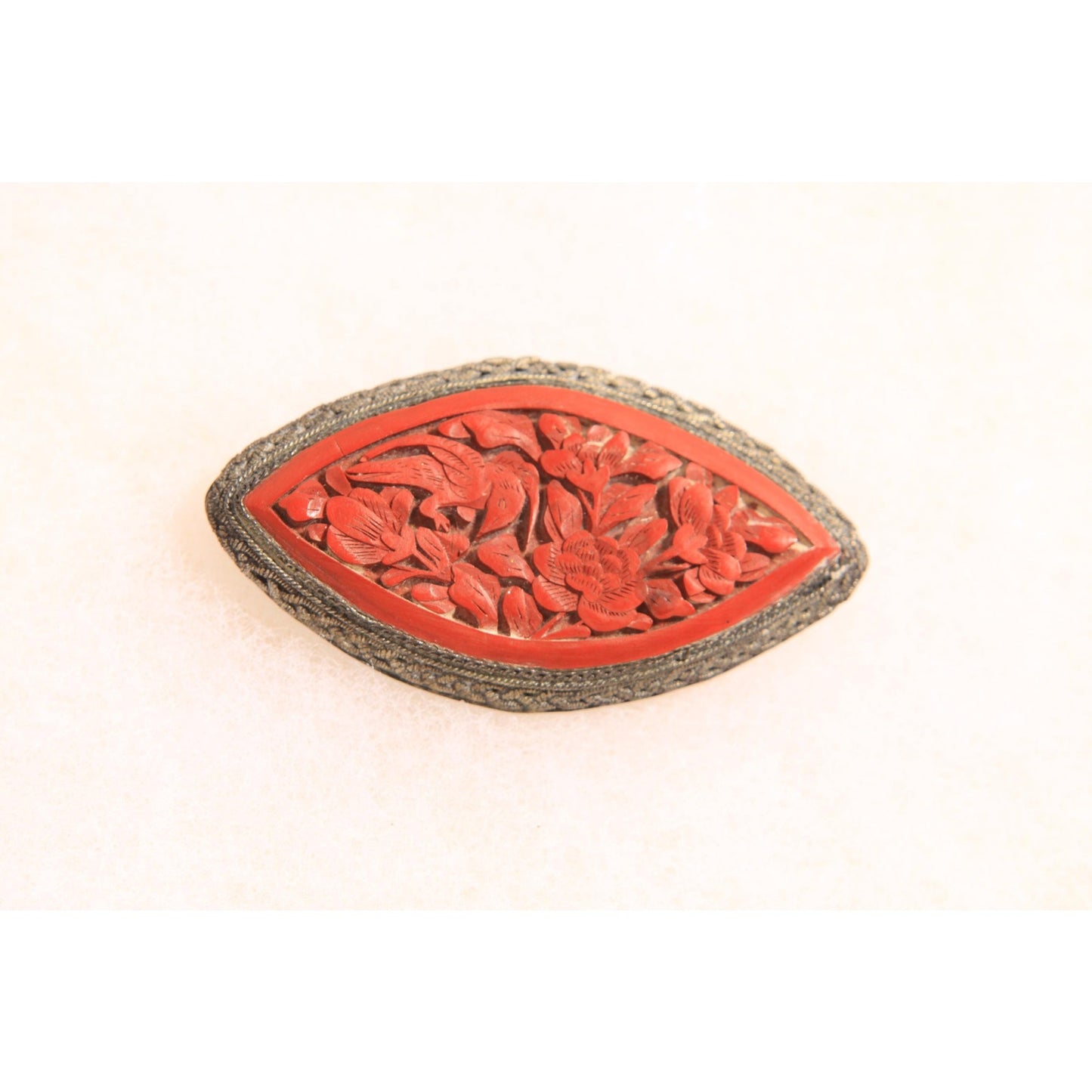 1930s Silver Tone Metal and Red Cinnabar Flower Brooch