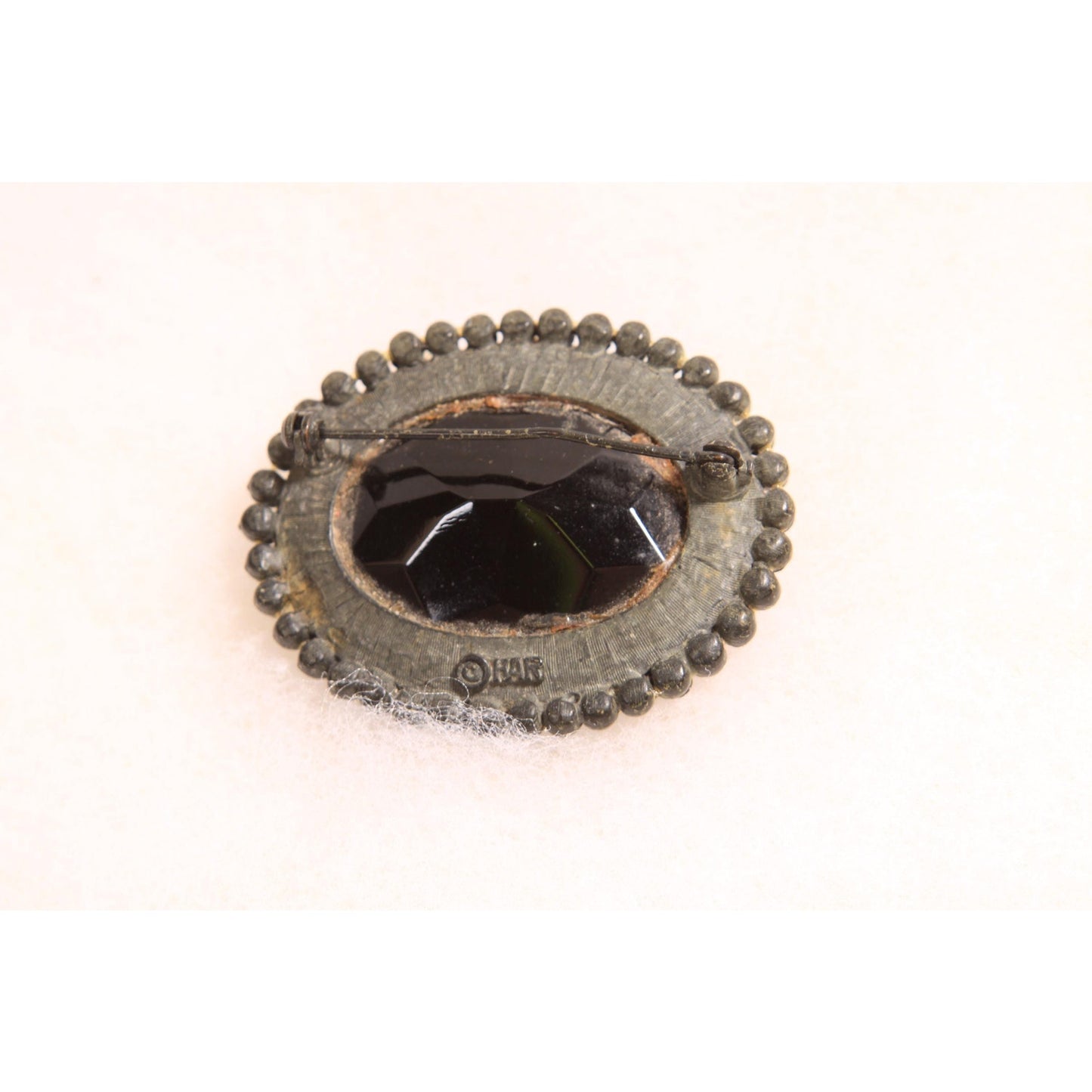 1960s Black Glass Faceted Cabochan Oval Brooch by HAR