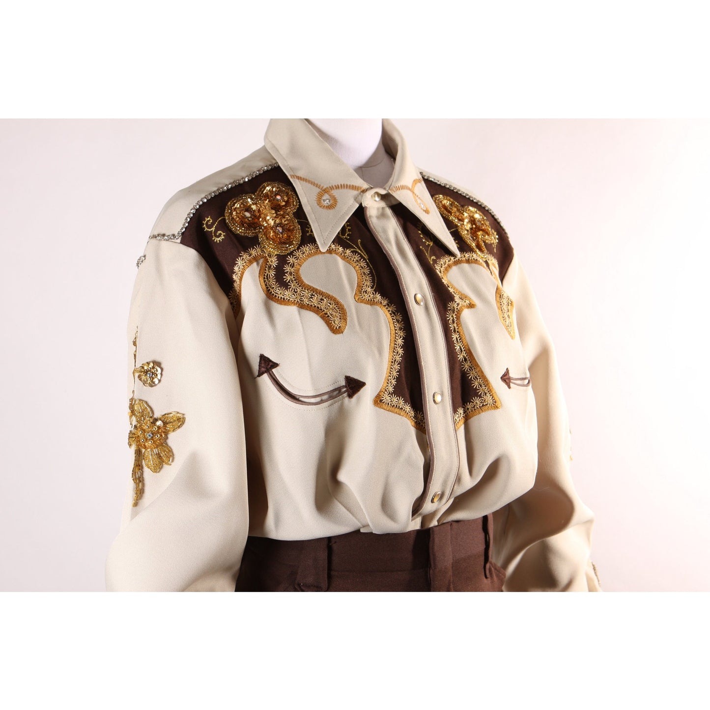 Late 1960s Early 1970s Brown and Tan Gold Metallic Rhinestone and Sequin Roses Western Pearl Snap Top with Matching Pants by H Bar C