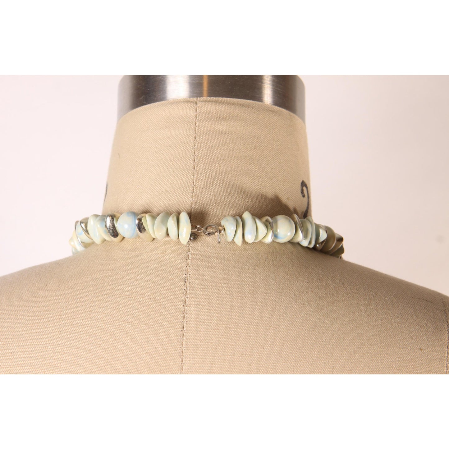 1980s Mint Blue, White and Silver Swirl Beaded Necklace