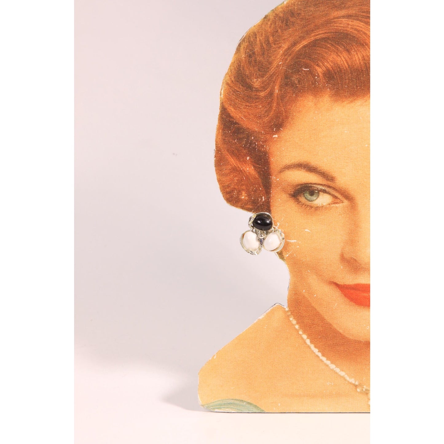 1950s 1960s Black and White Plastic and Silver Tone Metal Clip On Earrings