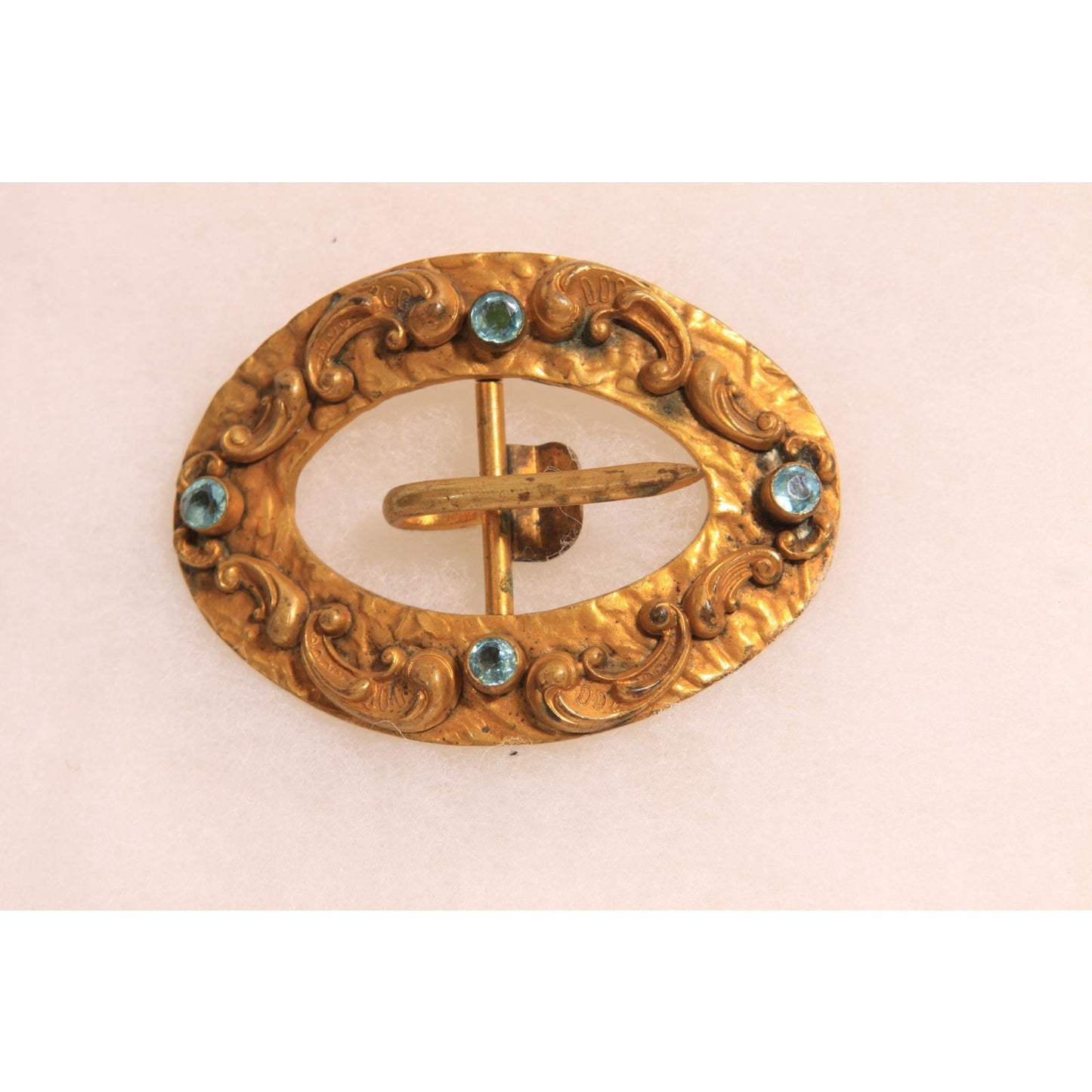 Antique 1900s Edwardian Gold Tone Metal and Blue Stone Art Nouveau Belt Buckle