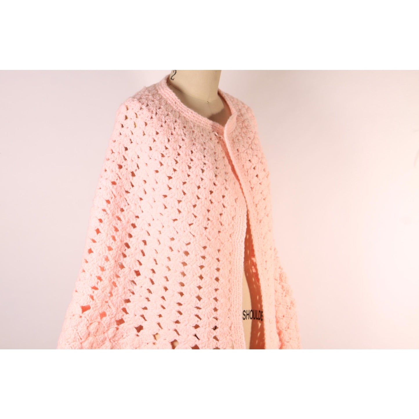 Late 1960s Early 1970s Pastel Pink Crochet Shawl Wrap