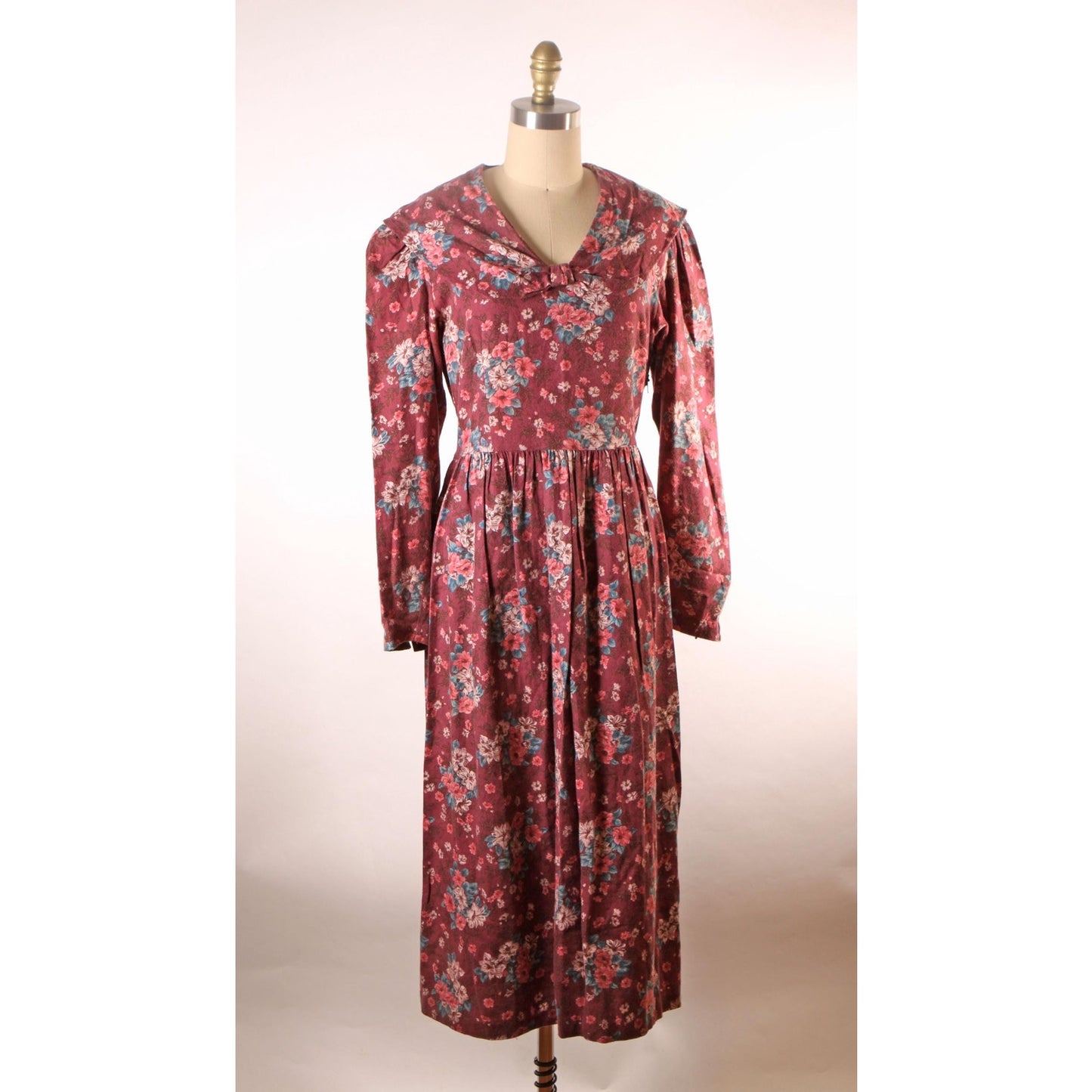 1980s Burgundy, Pink and Green Floral Sailor Collar Long Sleeve Dress by Laura Ashley-L