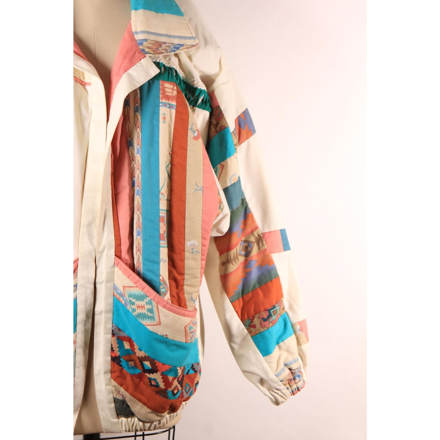 1980s Multi-Colored Cream, Teal Blue Green, Pink and Tan Patchwork Quilt Fringe Open Front Southwestern Coat -L-XL