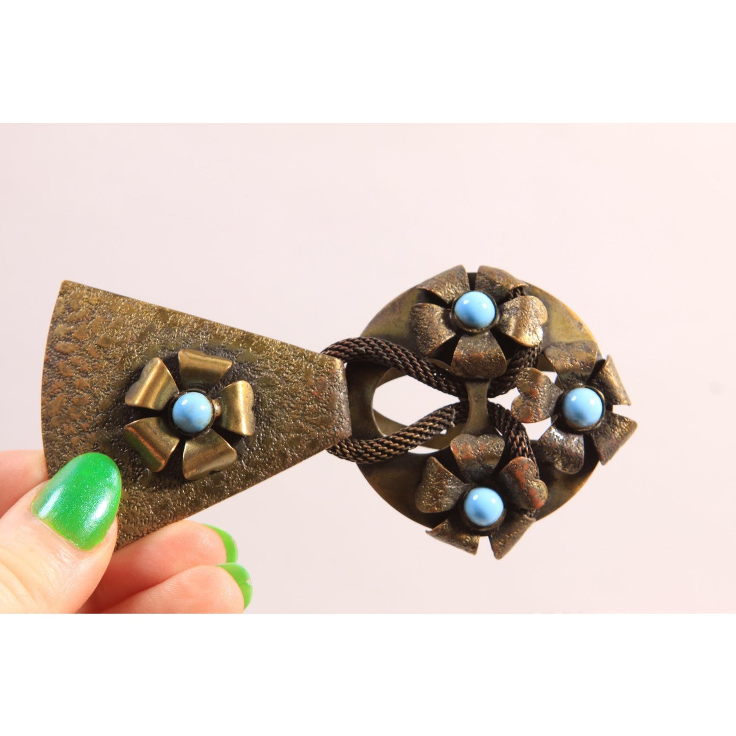 Antique 1900s 1910s Art Nouveau Edwardian Bronze and Turquoise Blue Metal Belt Buckle Clasp