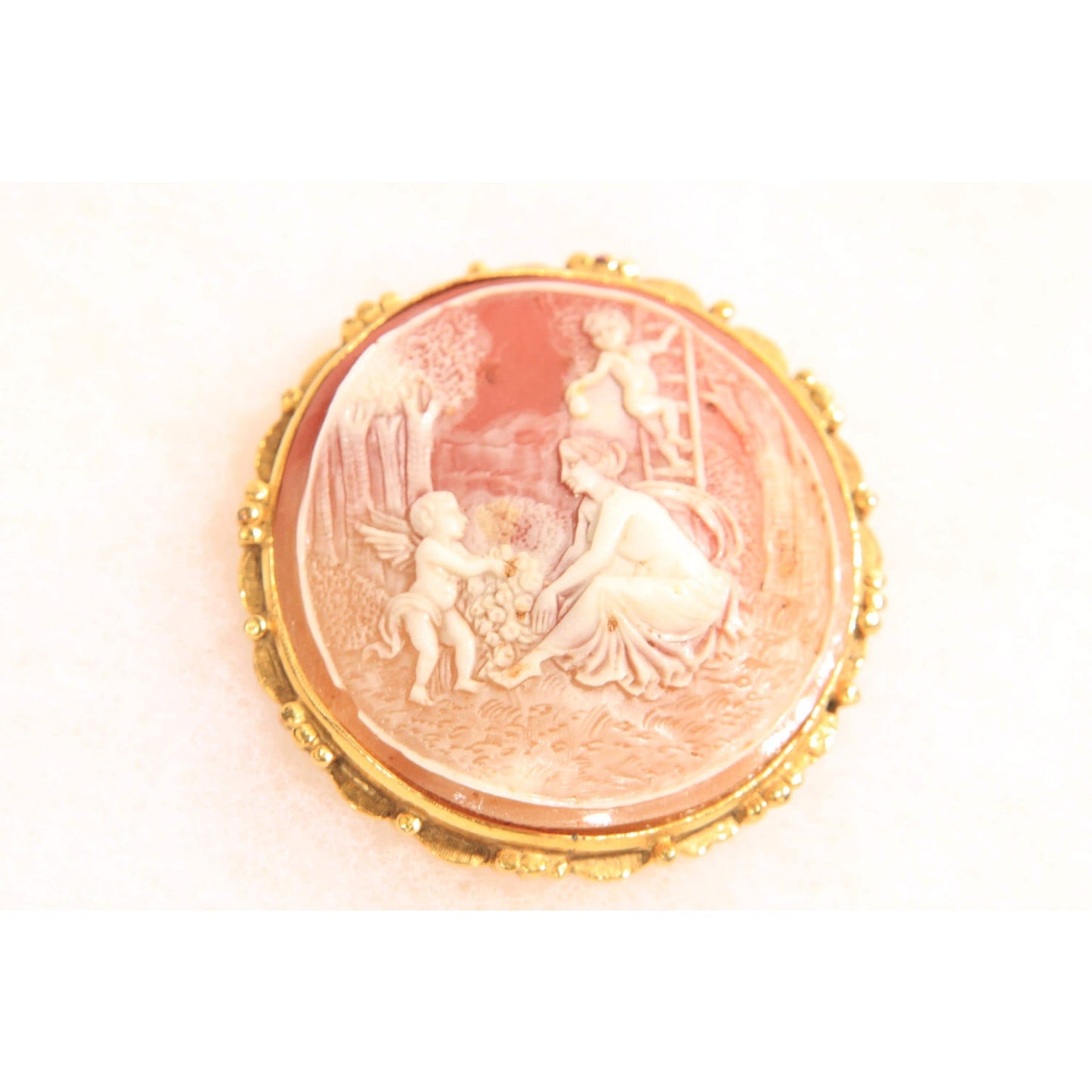 1960s 1970s Peach Pink and Cream Gold Tone Metal Cameo Woman and Cherub Cameo Brooch