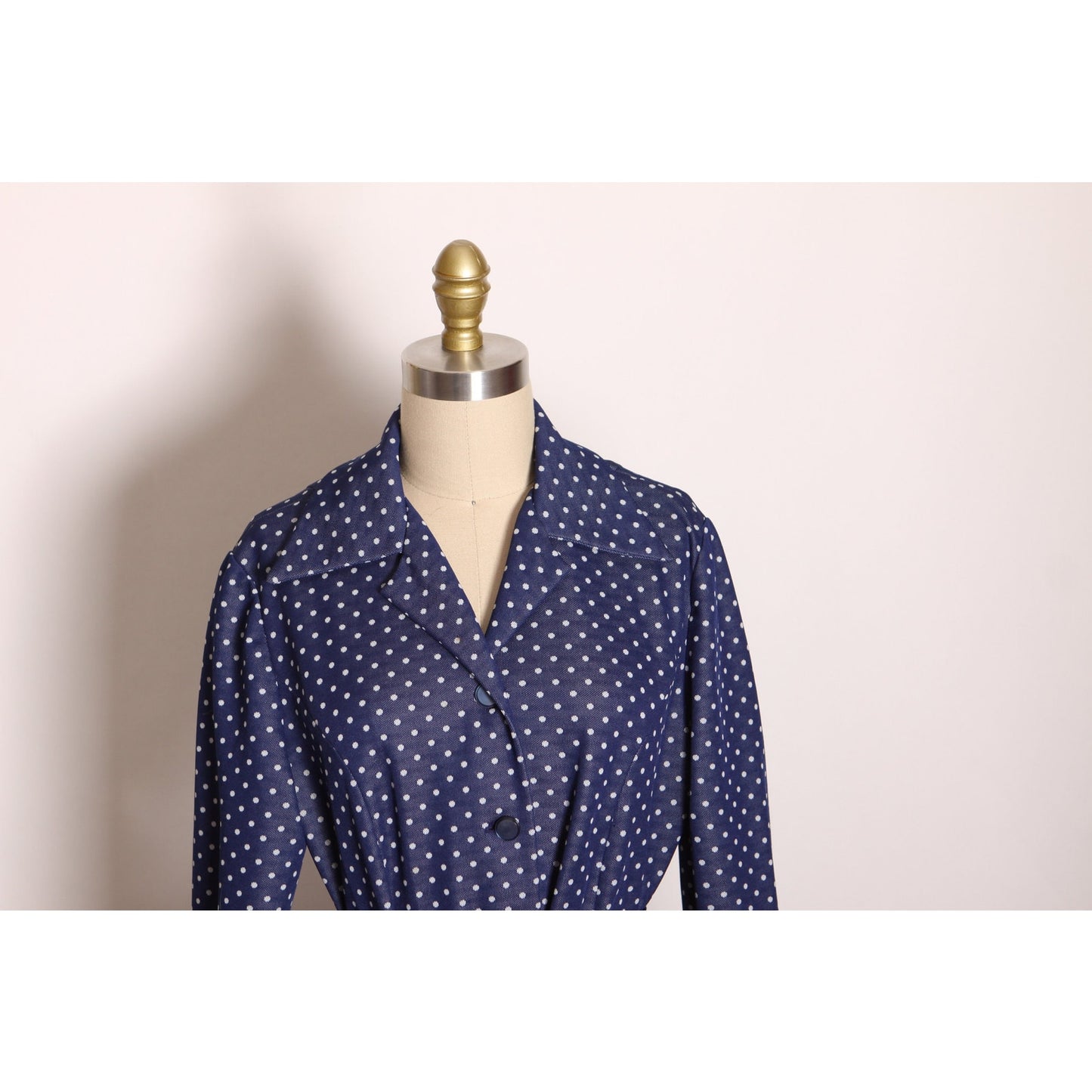 1970s Navy Blue and White Polka Dot Long Sleeve Pocketed Button Up Front Polyester Dress -L