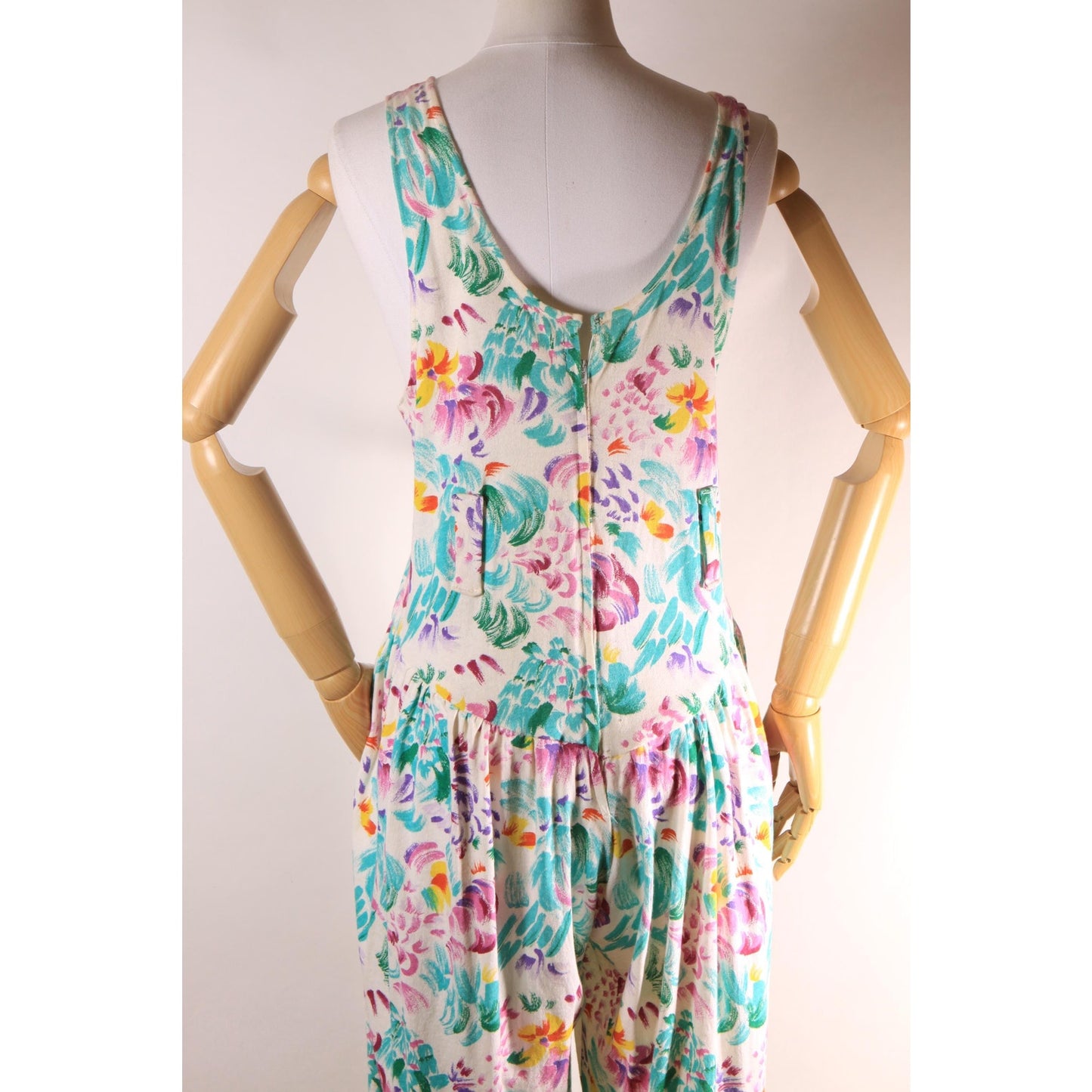 1980s White and Multi-Colored Floral Wide Strap Drop Waist One Piece Jumpsuit -L-XL