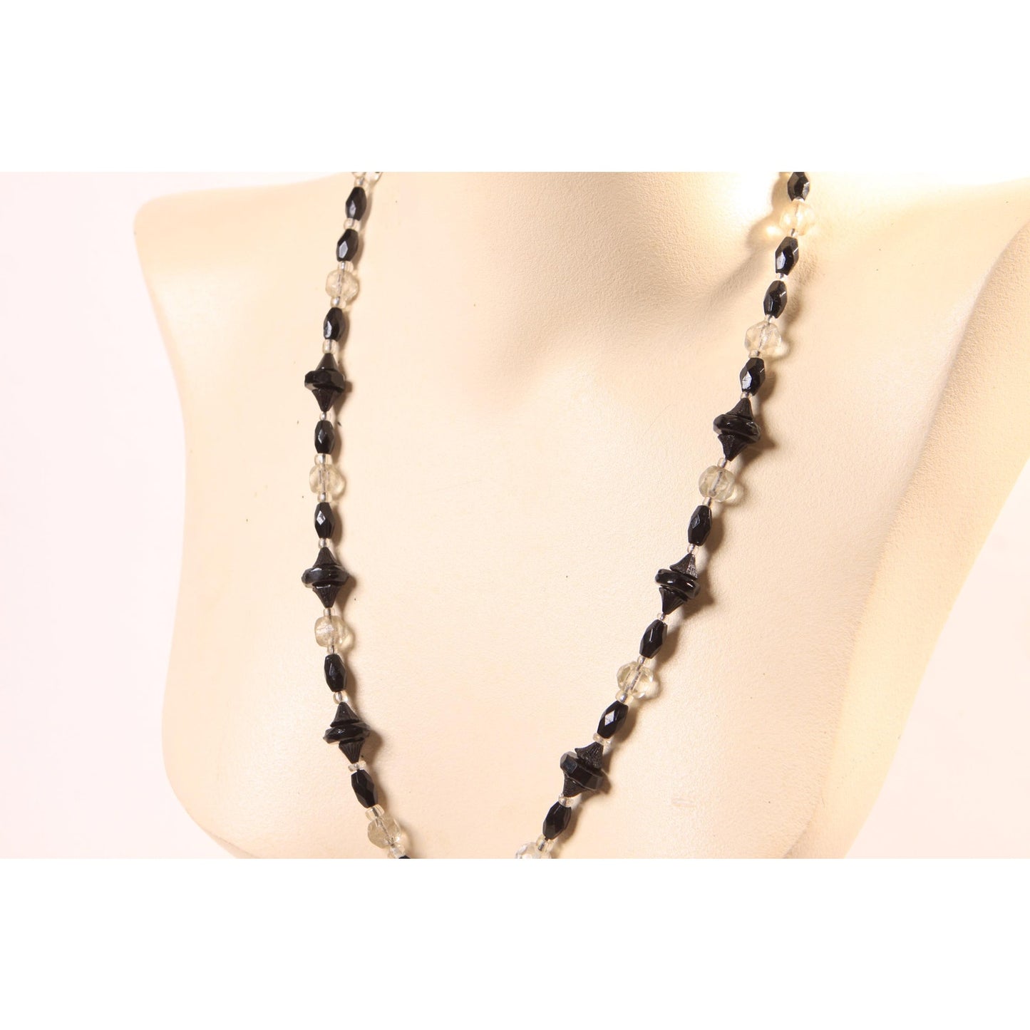 1940s 1950s Black and Clear Glass Faceted Beaded Necklace