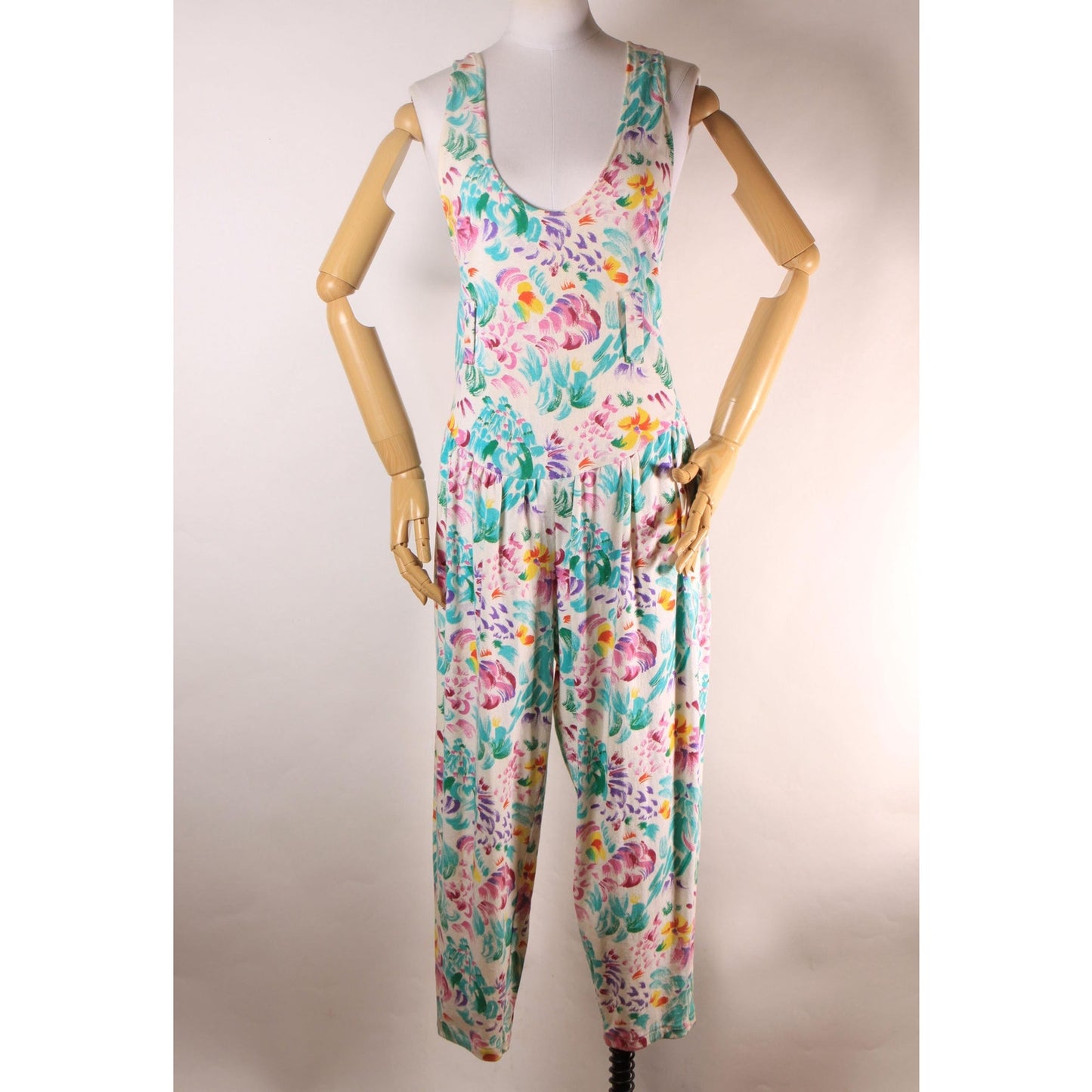 1980s White and Multi-Colored Floral Wide Strap Drop Waist One Piece Jumpsuit -L-XL