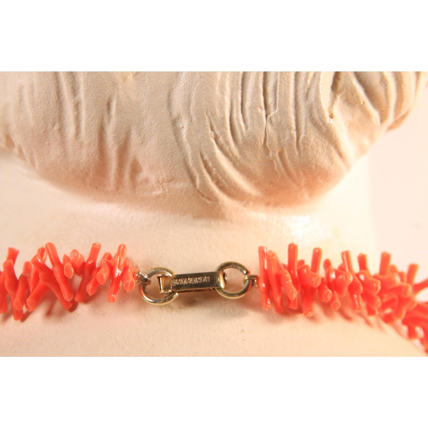 1960s 1970s Orange Pink Faux Coral Plastic Beaded Necklace by Hong Kong