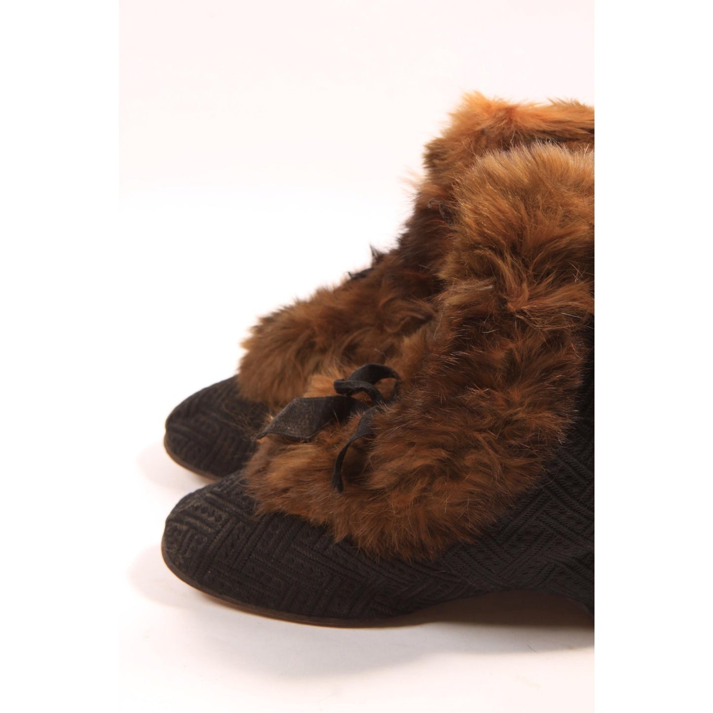 Antique 1800s Victorian Black and Brown Fur Lined and Fur Trim Lace Up Carriage Slipper Boots