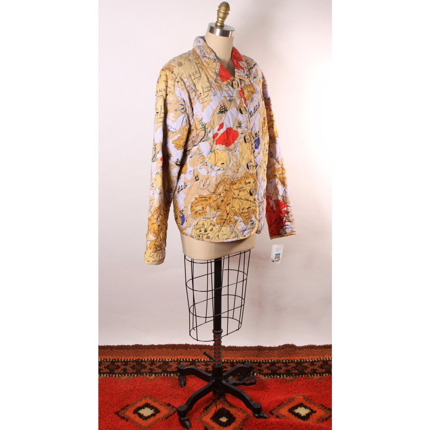 1980s 1990s Multi-Colored Novelty World Map Long Sleeve Quilted Jacket by Alex Kim by Allure -M