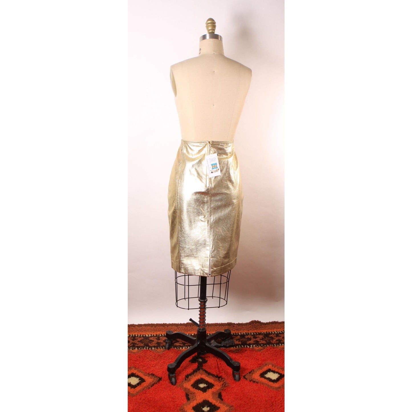 Deadstock 1980s Gold Metallic Leather Pencil Skirt -Size 14