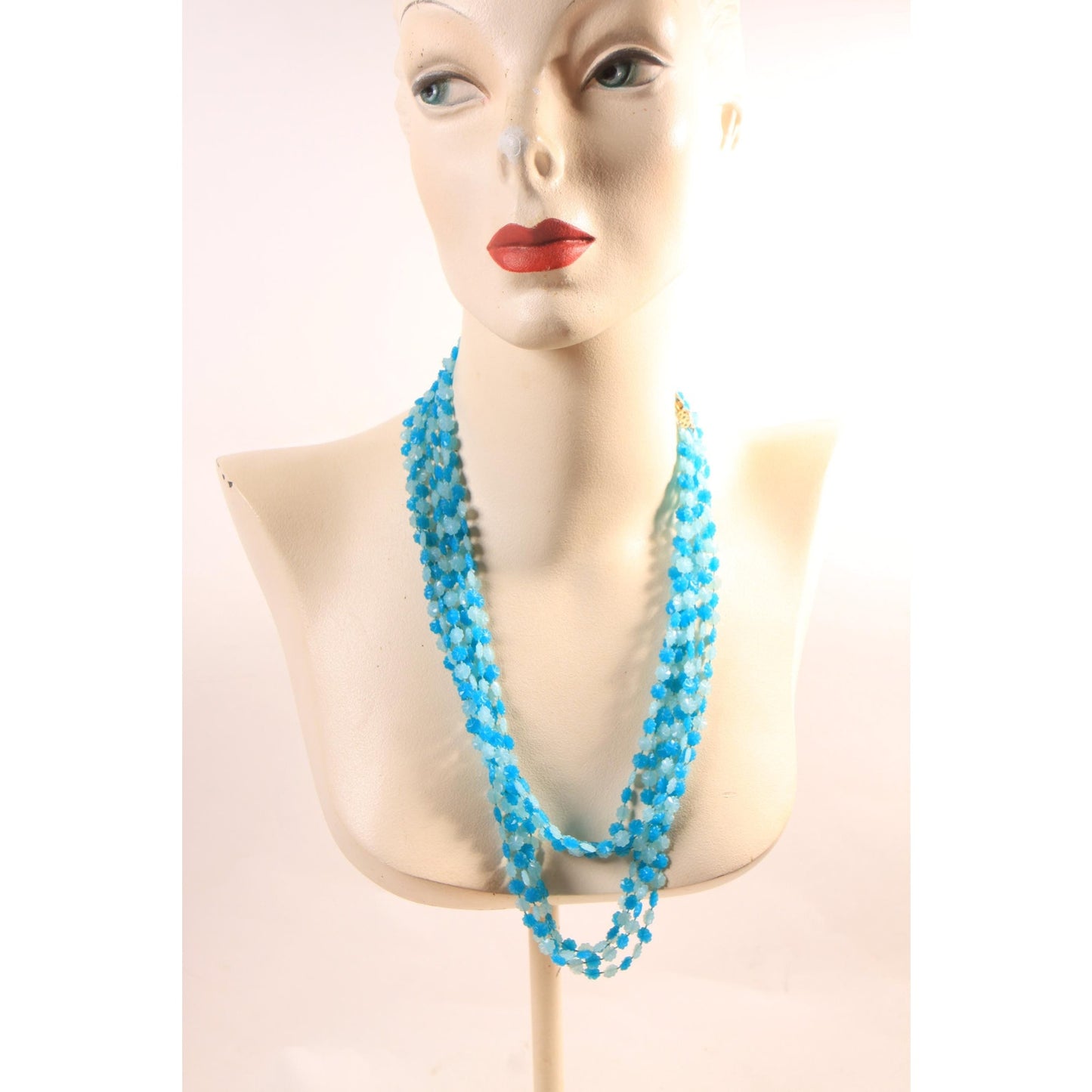 1960s Turquoise Blue Flower Floral Shaped Beaded Multi-Strand Necklace