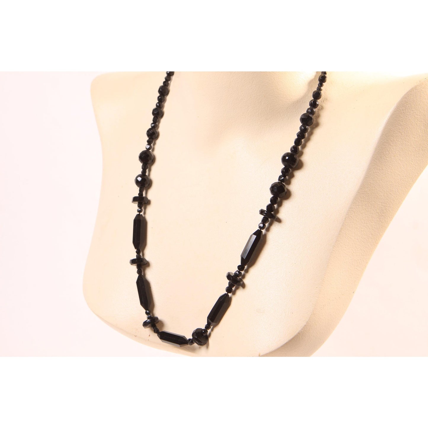 1950s Black Faceted Oval, Rounded and Disc Shaped Glass Beaded Necklace