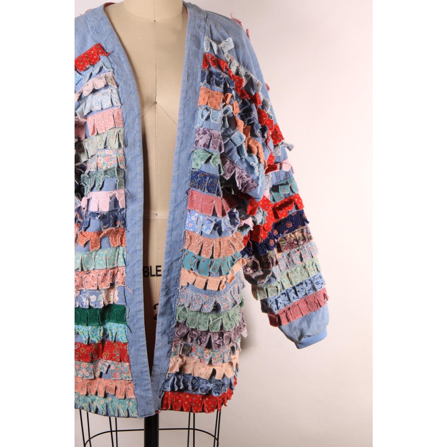 1980s Blue Chambray Multi-Colored Patchwork Quilt Fringe Long Sleeve Open Front Jacket -M-XL