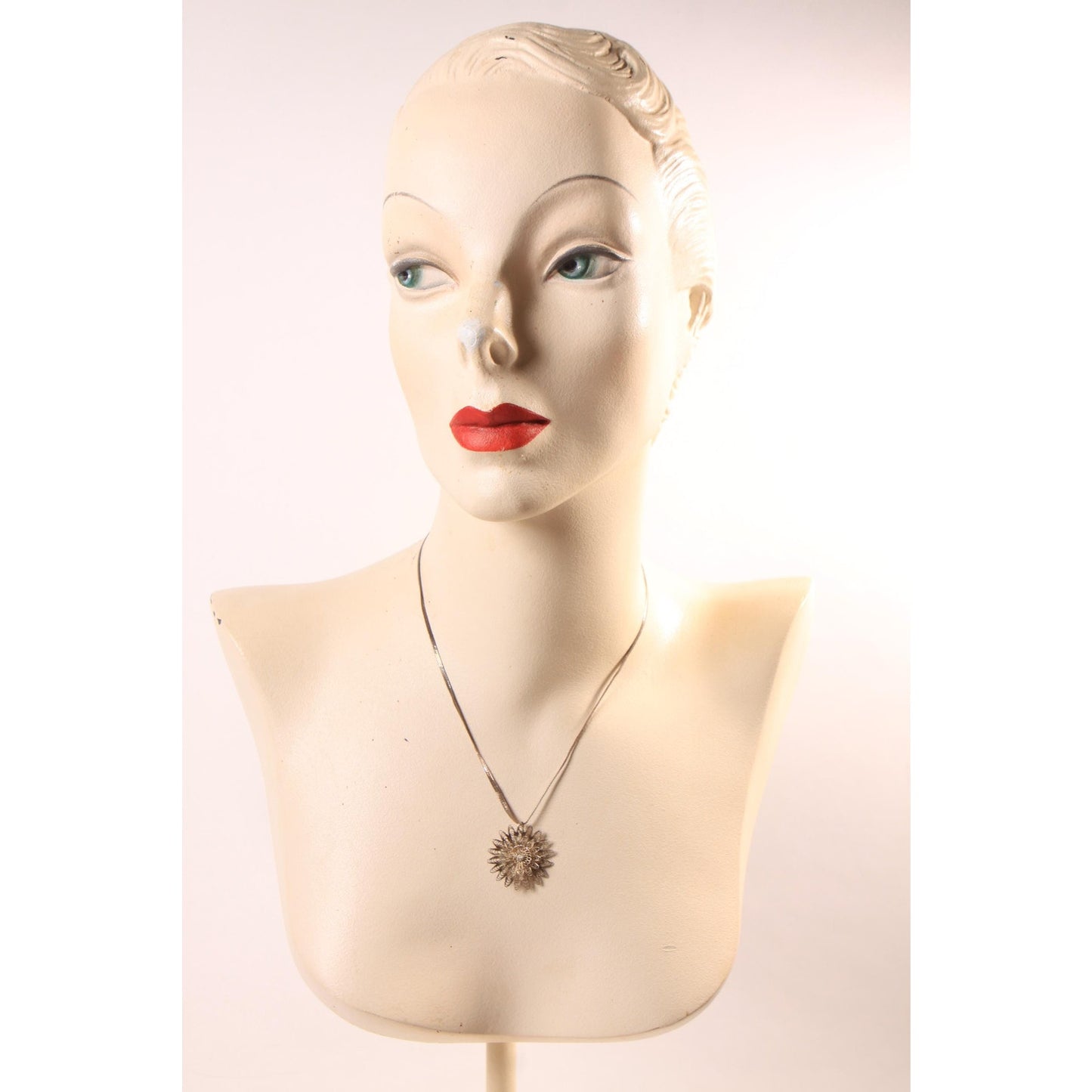 1950s Silver Tone Metal Filigree Floral Flower Brooch Pendant Necklace