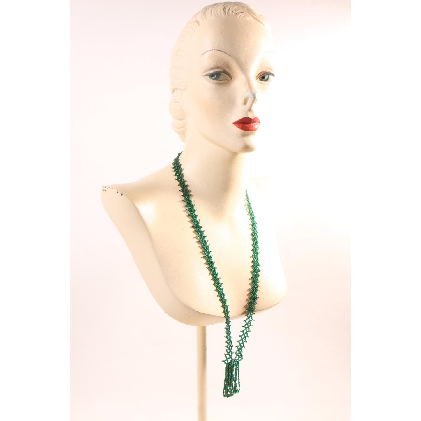 1920s Dark Green Glass Beaded Tassel Fringe Flapper Necklace