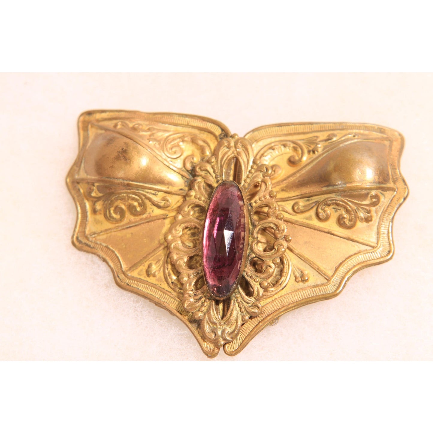 1930s Art Nouveau Gold Tone Metal Purple Stone Gothic Bat Wing Belt Buckle