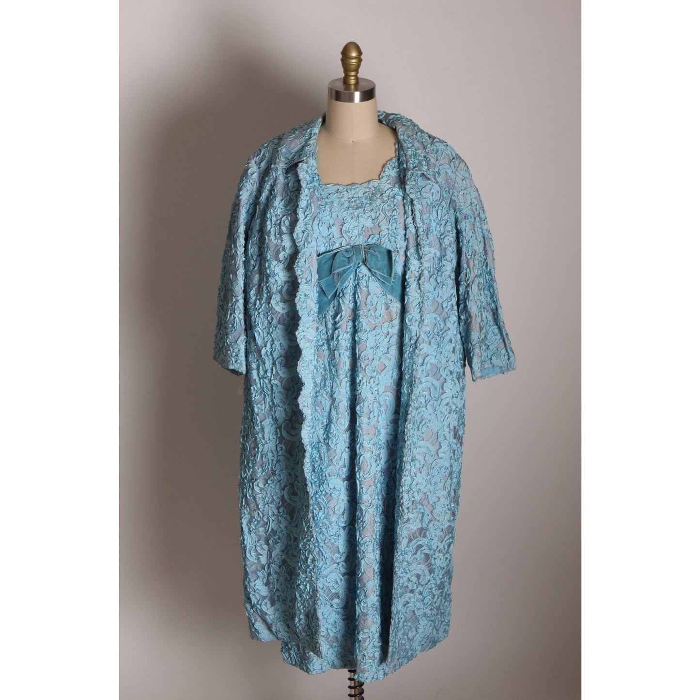 Early 1960s Blue Soutache Lace Short Sleeve Formal Blue Velvet Bow Dress with Matching 3/4 Length Sleeve Jacket -XL