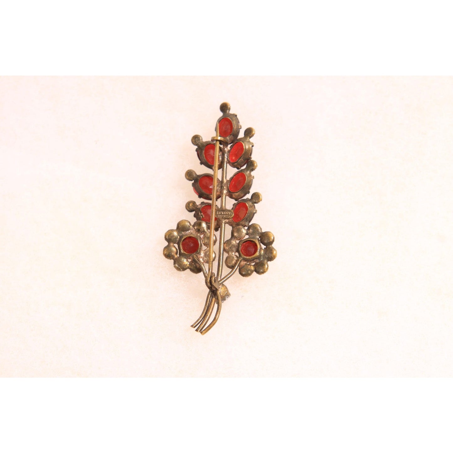 1930s Faux Garnet Red Glass Novelty Floral Leaf Bouquet Czech Slovakia Brooch