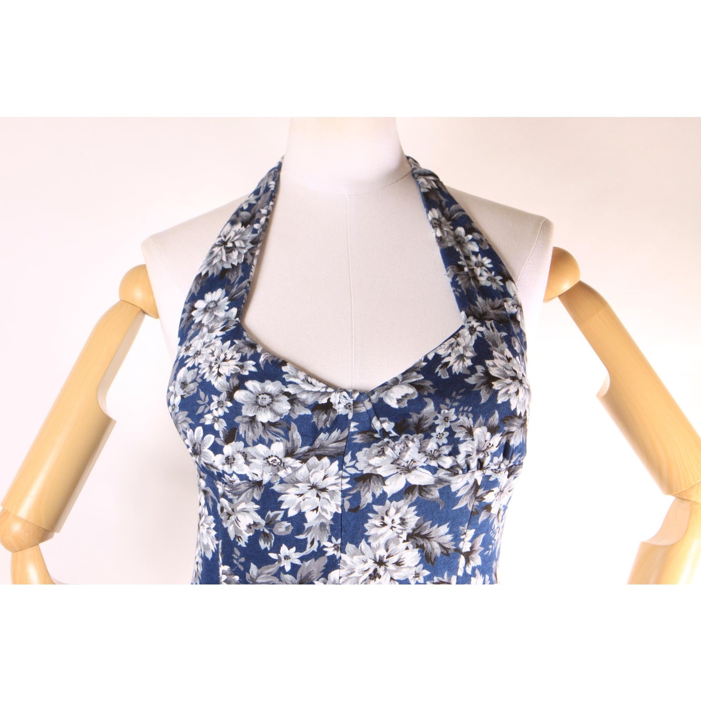 1990s Blue and White Floral Halter Top One Piece Romper by Energie -M