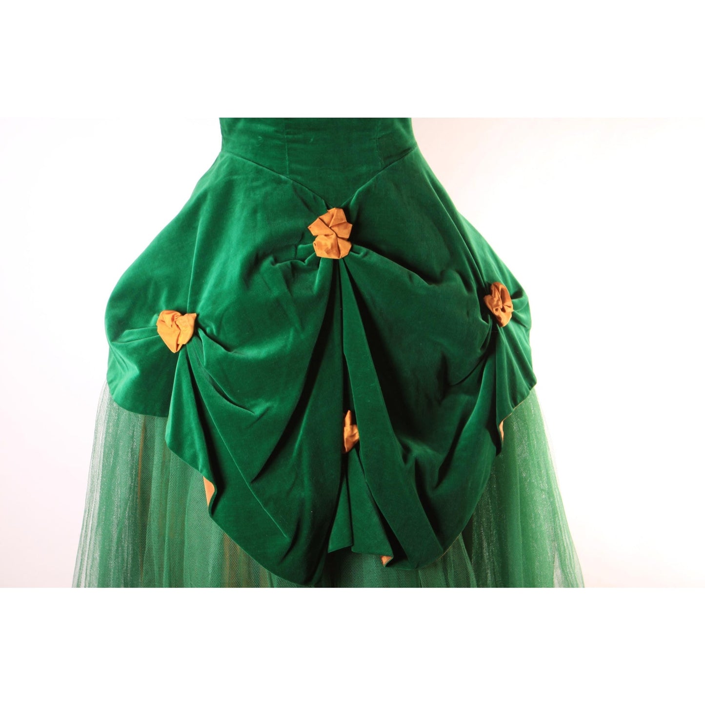Late 1940s Early 1950s Emerald Green Velvet and Golden Yellow Gathered Bow Strapless Formal Prom Dress by Fred Perlberg -XS