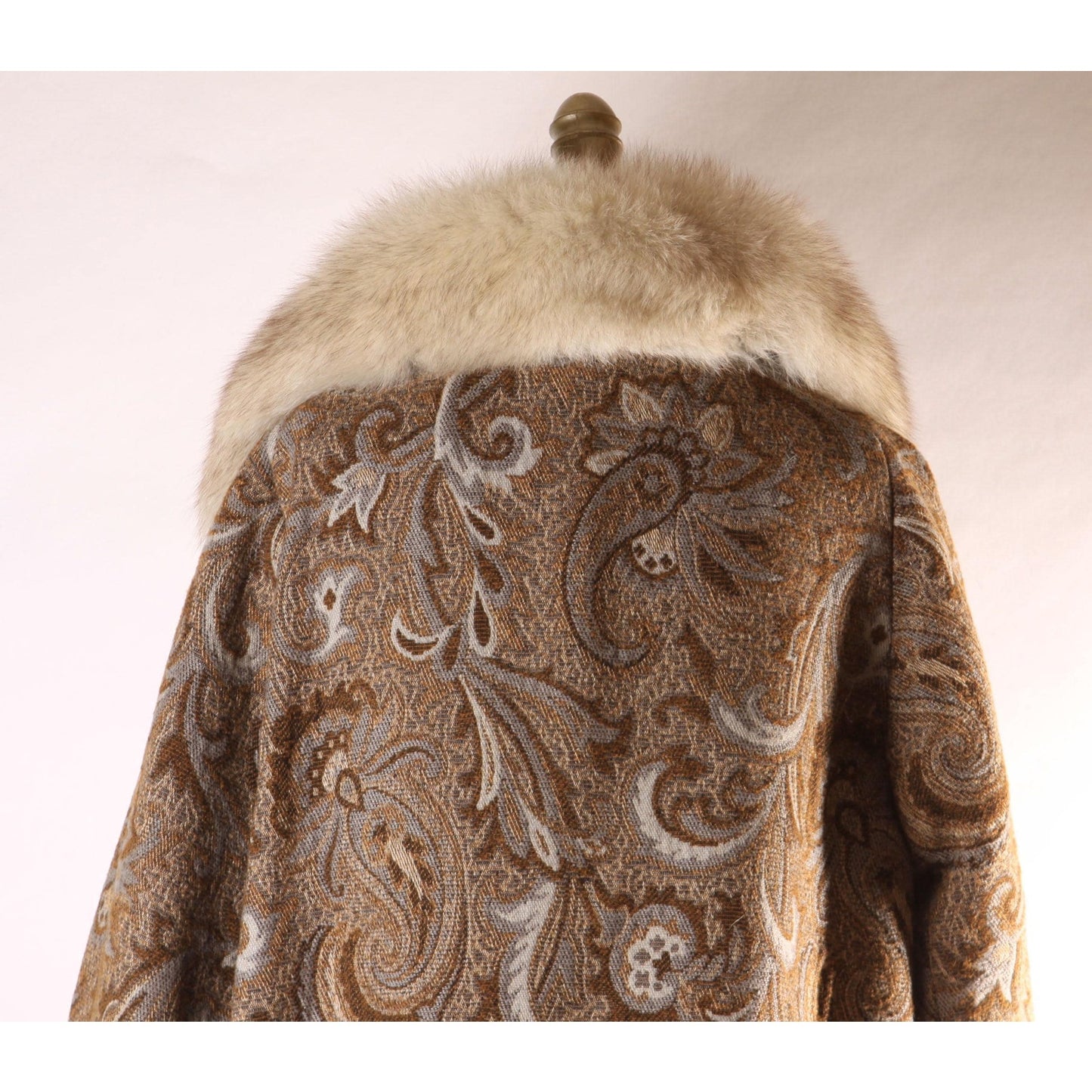 1960s Brown and Blue Gray Swirl Paisley Tapestry Fox Fur Collar Carpet Coat