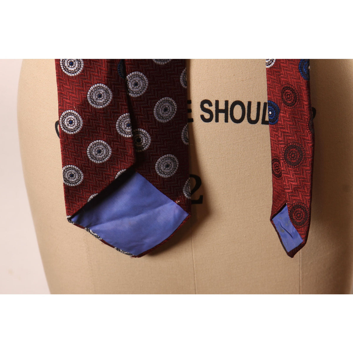 1970s Dark Red, Navy Blue and White Polyester Geometric Circle Wide Necktie Tie by Marx by Damon