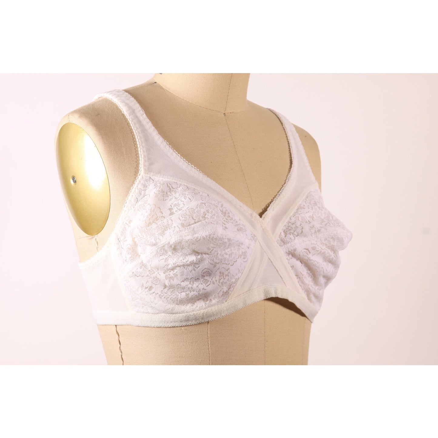 1970s White Criss Cross Sheer Floral Lace Bra by Montgomery Ward-38B