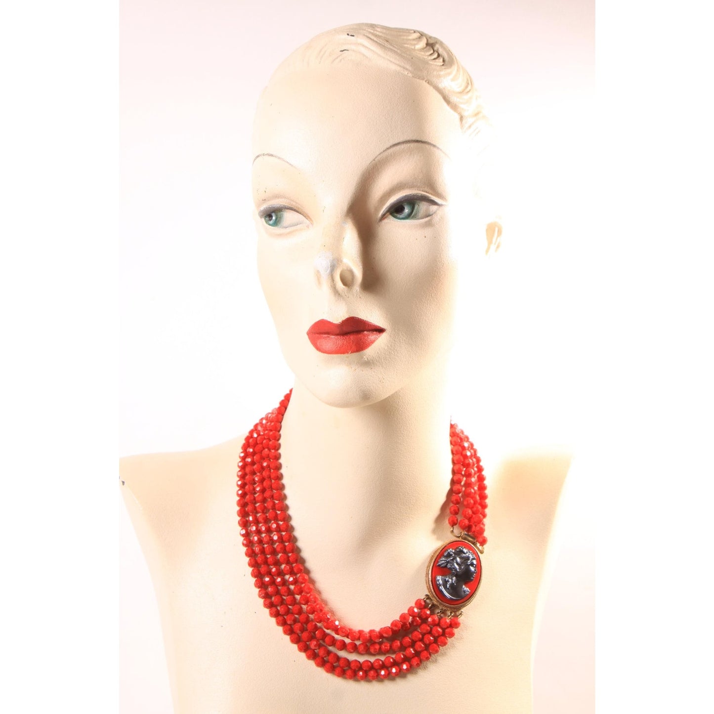 1950s 1960s Red Plastic Beaded Multi-Strand Red and Black Cameo Necklace