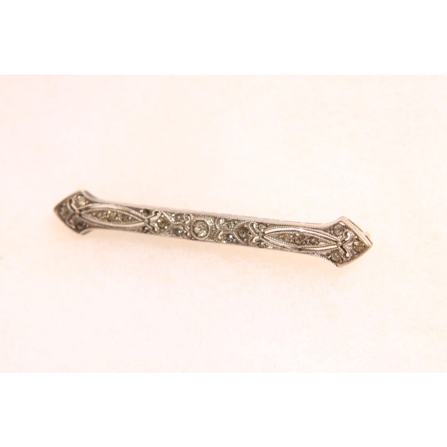Antique 1920s Sterling Silver Marcasite Rhinestone Art Deco Bar Brooch