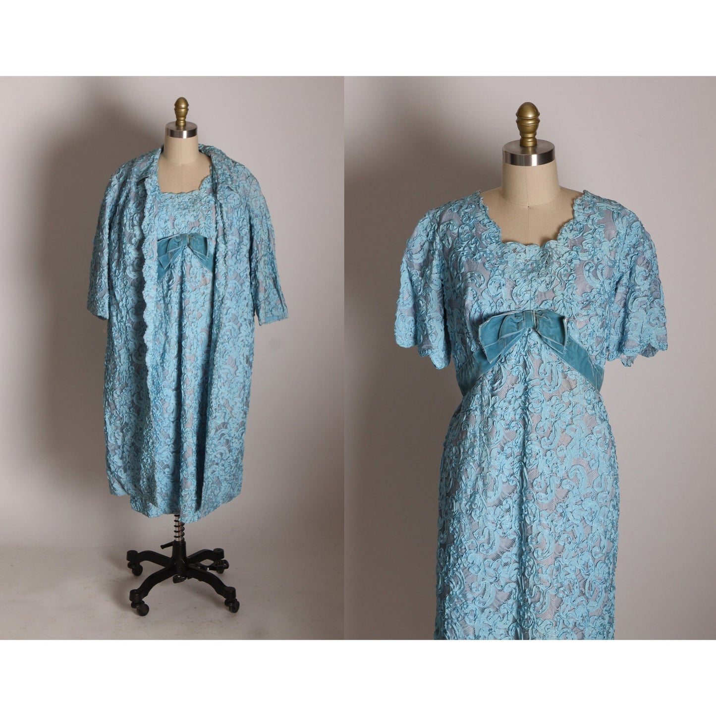 Early 1960s Blue Soutache Lace Short Sleeve Formal Blue Velvet Bow Dress with Matching 3/4 Length Sleeve Jacket -XL