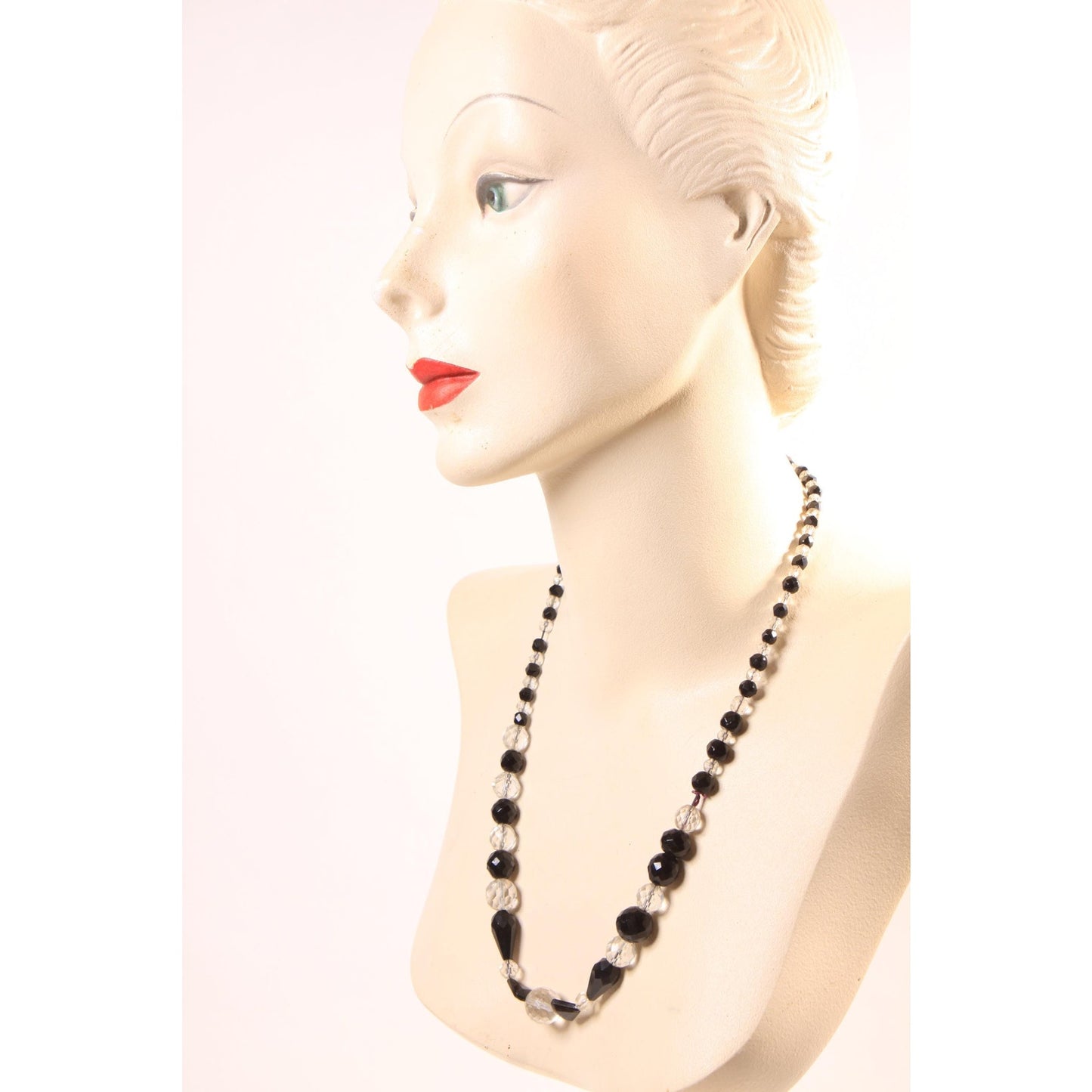 1950s Black and Clear Glass Faceted Beaded Necklace