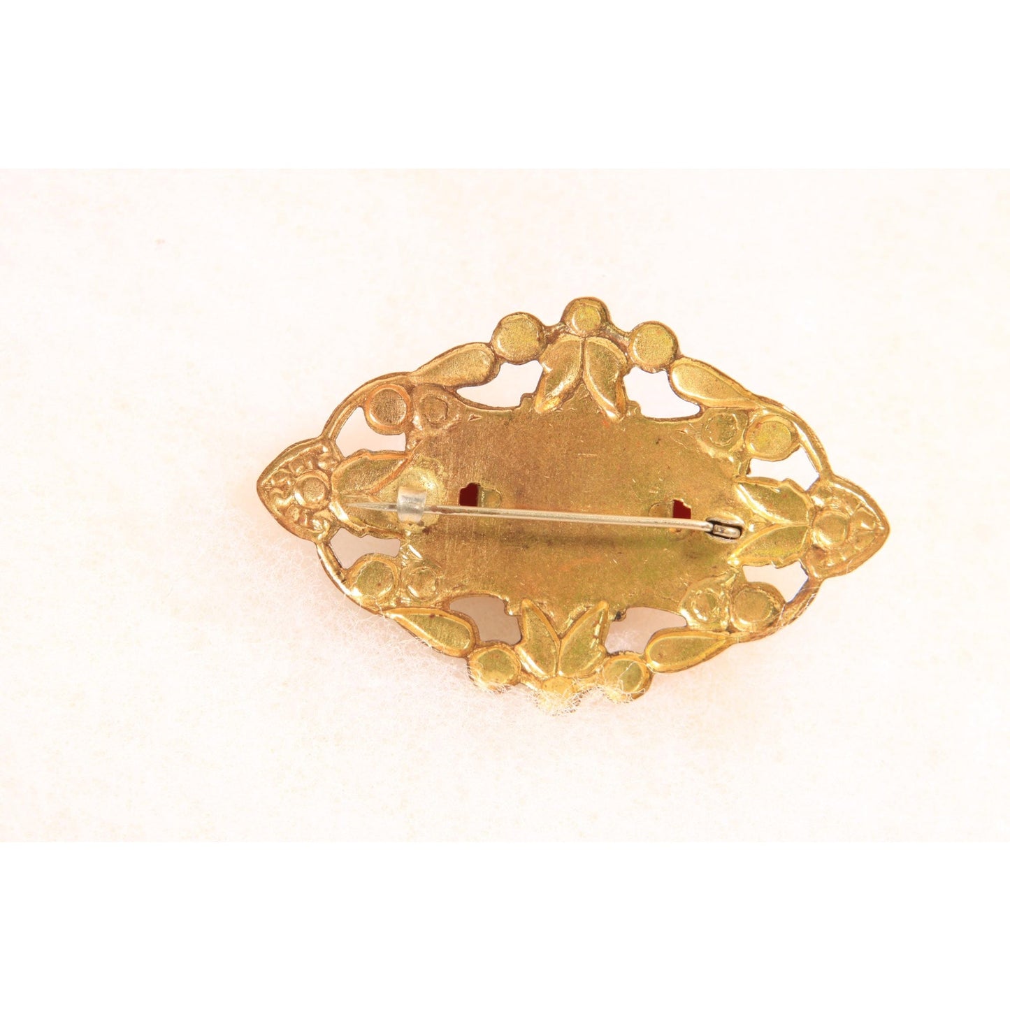 Antique 1900s 1910s Edwardian Gold Brass Tone Metal and Orange Red Brooch