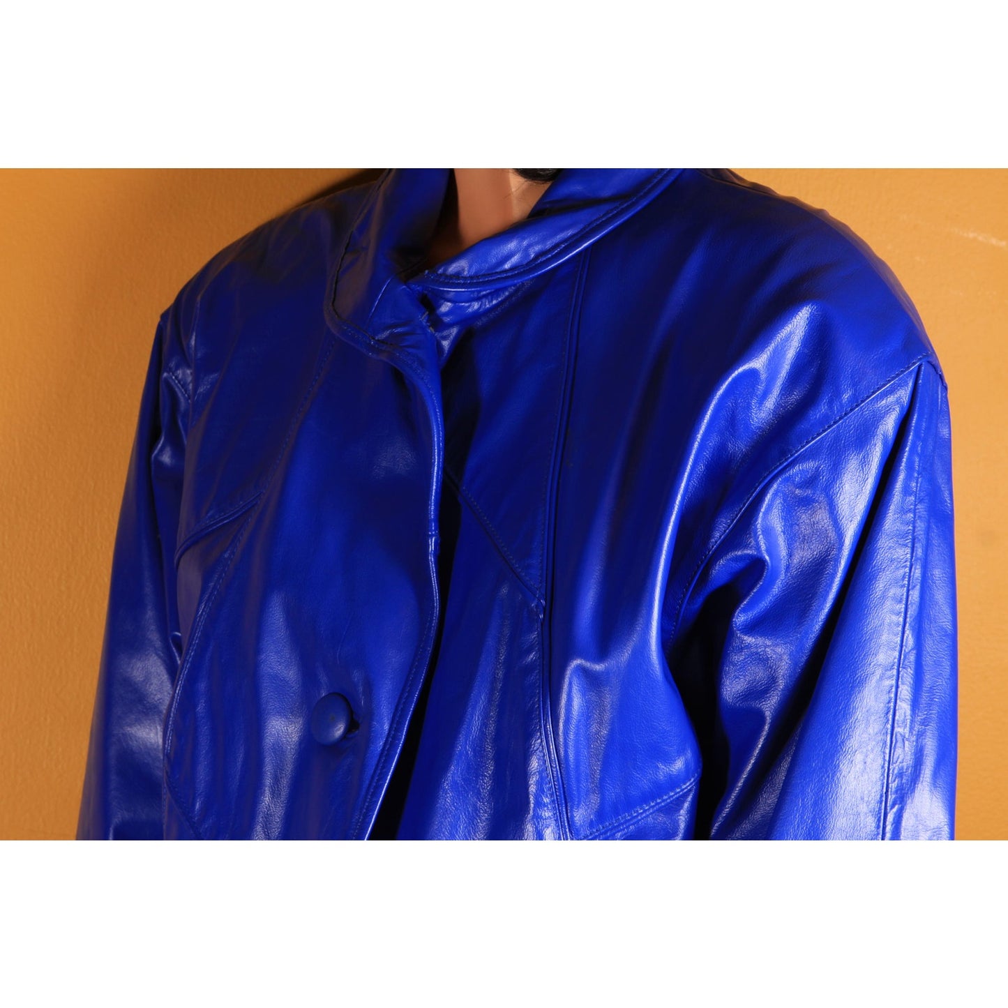 1980s Bright Blue Leather Button Down Long Sleeve Coat by Comint Leather -S