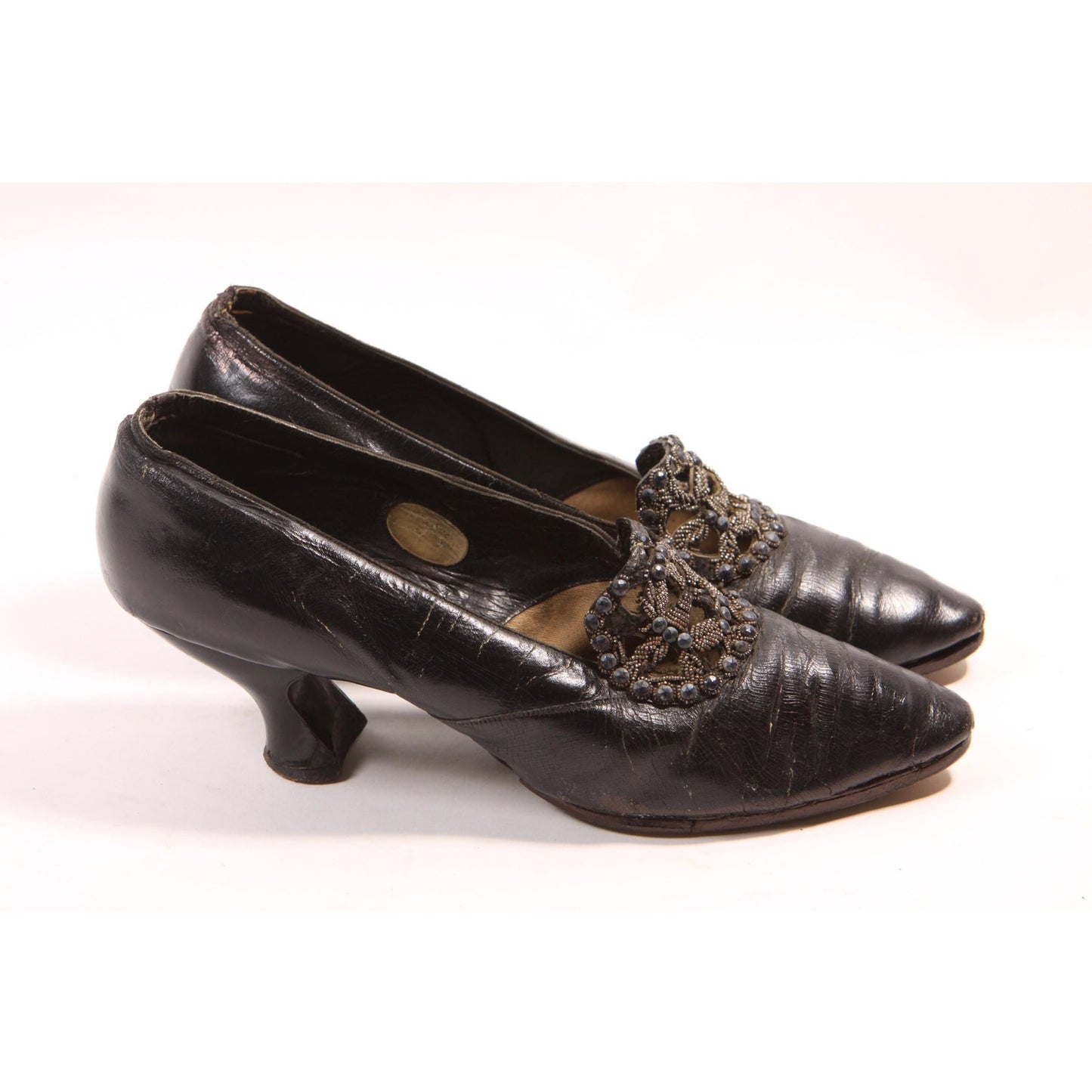 Antique 1920s Flapper Beaded Black Pointed Toe High Heel Pump Shoes